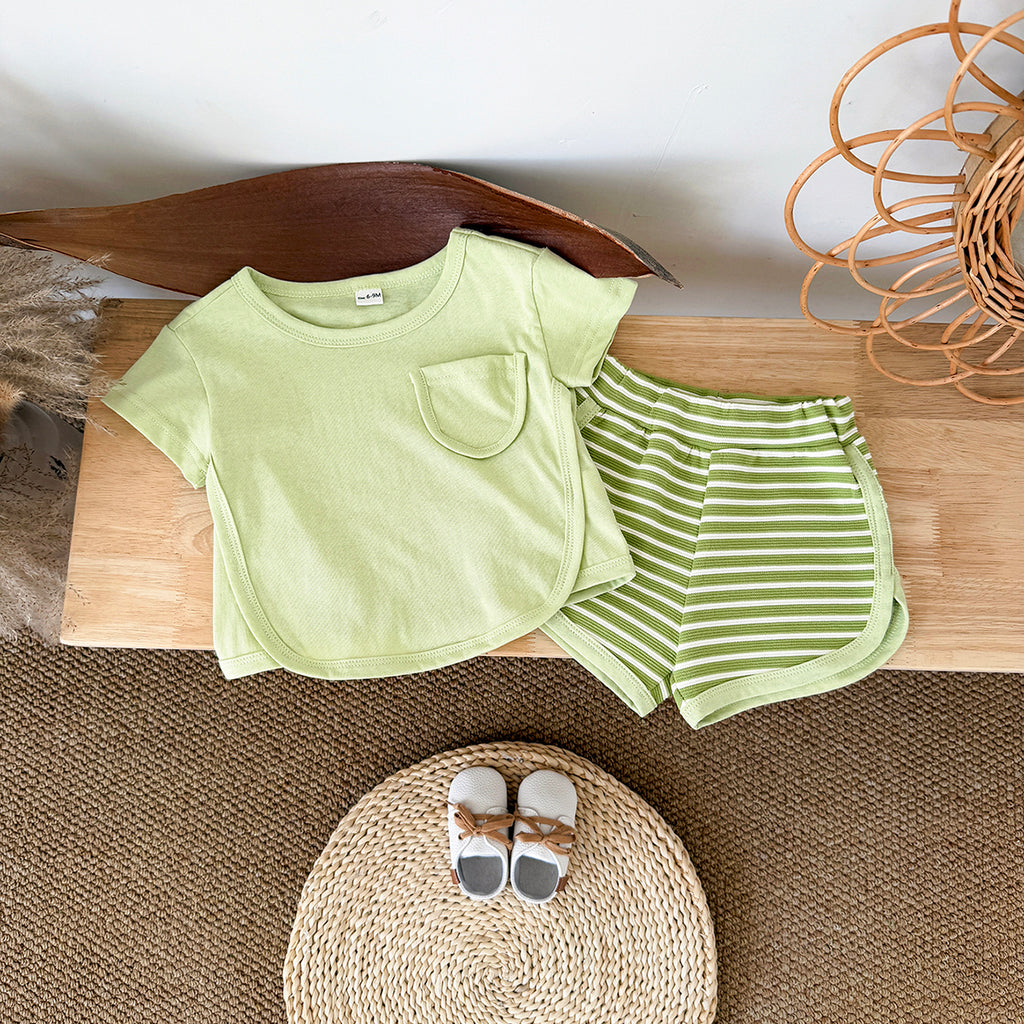 Summer Casual Striped Short Sleeve Set with Chest Pockets