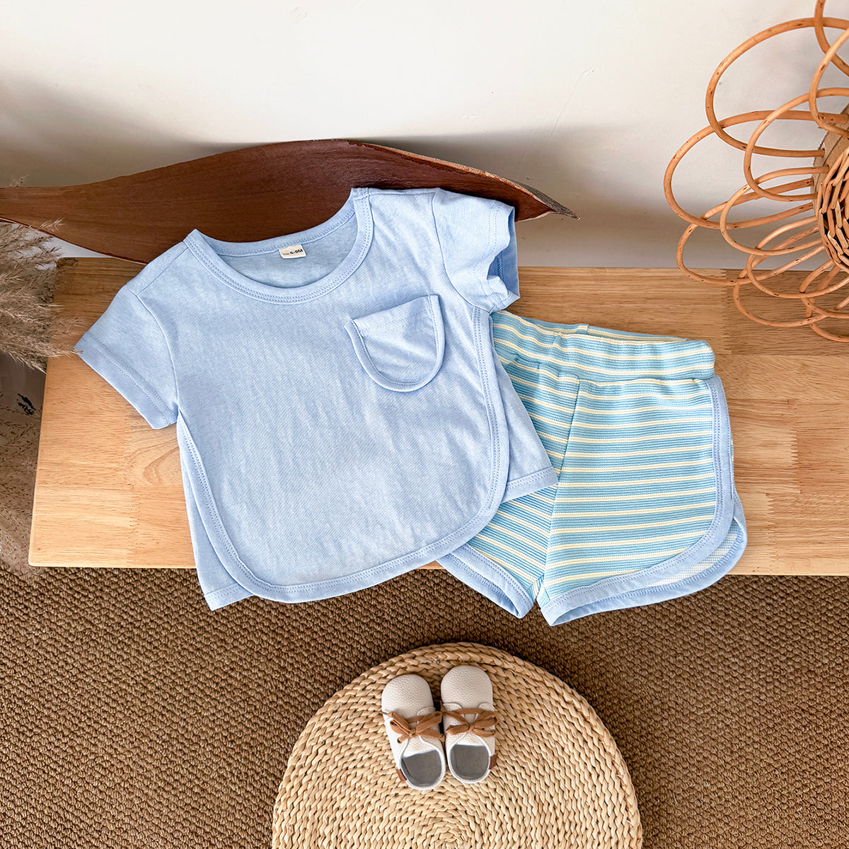 Summer Casual Striped Short Sleeve Set with Chest Pockets