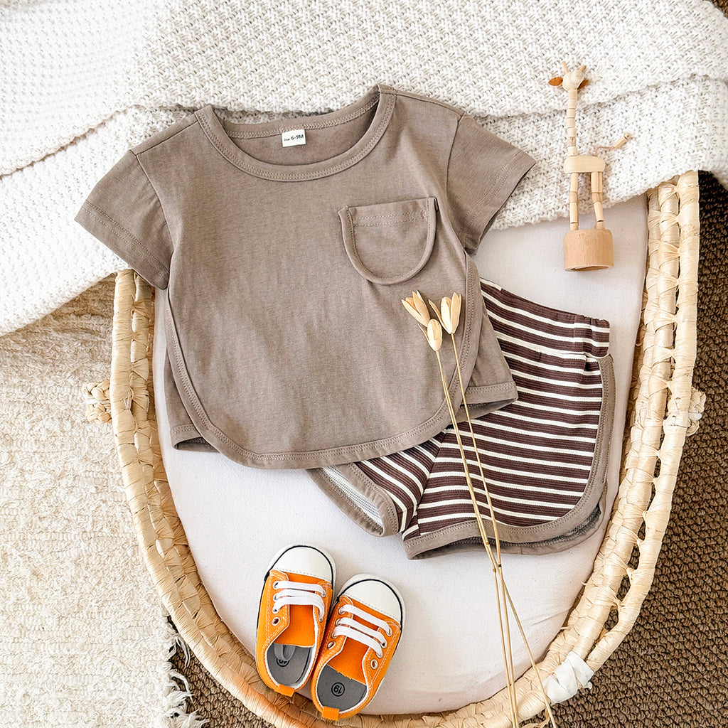 Summer Casual Striped Short Sleeve Set with Chest Pockets