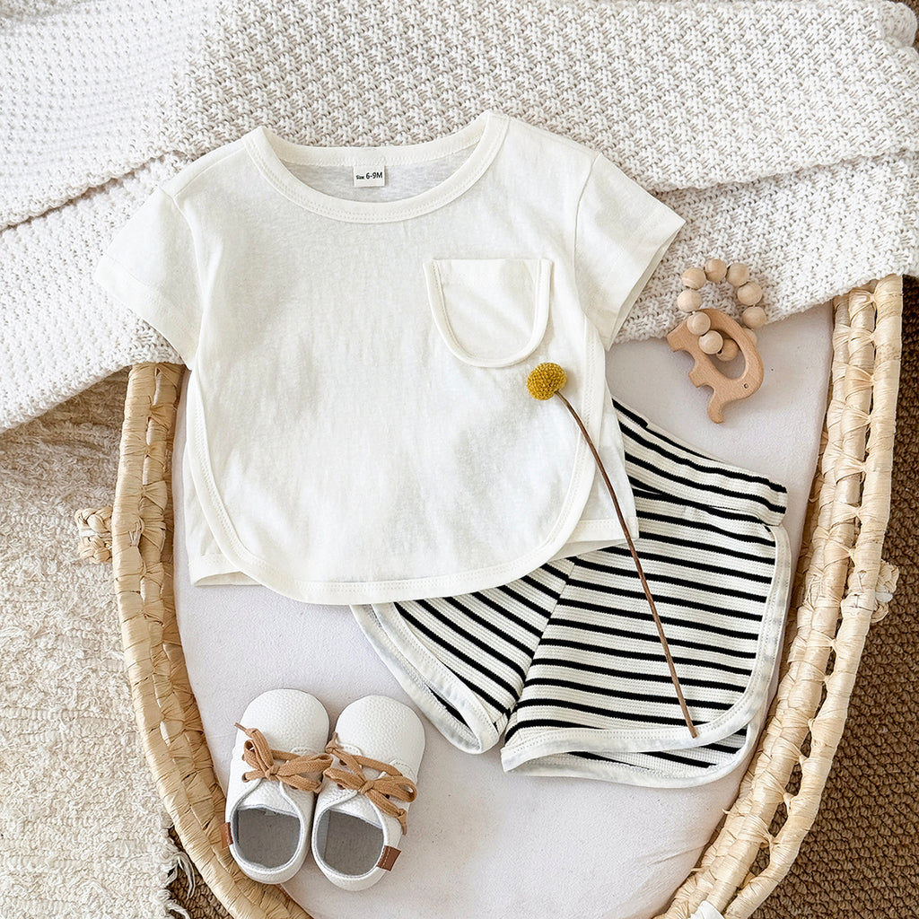 Summer Casual Striped Short Sleeve Set with Chest Pockets