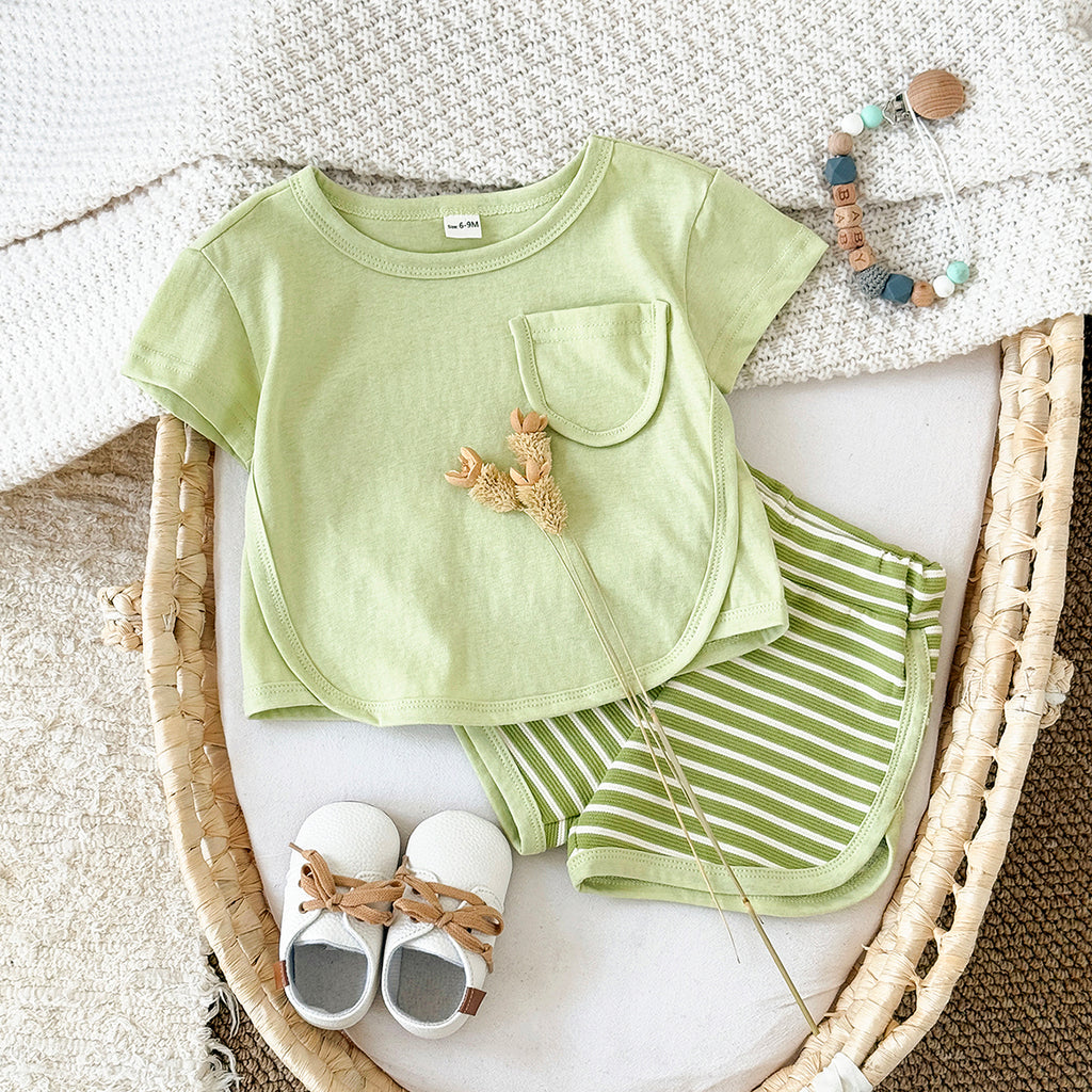 Summer Casual Striped Short Sleeve Set with Chest Pockets