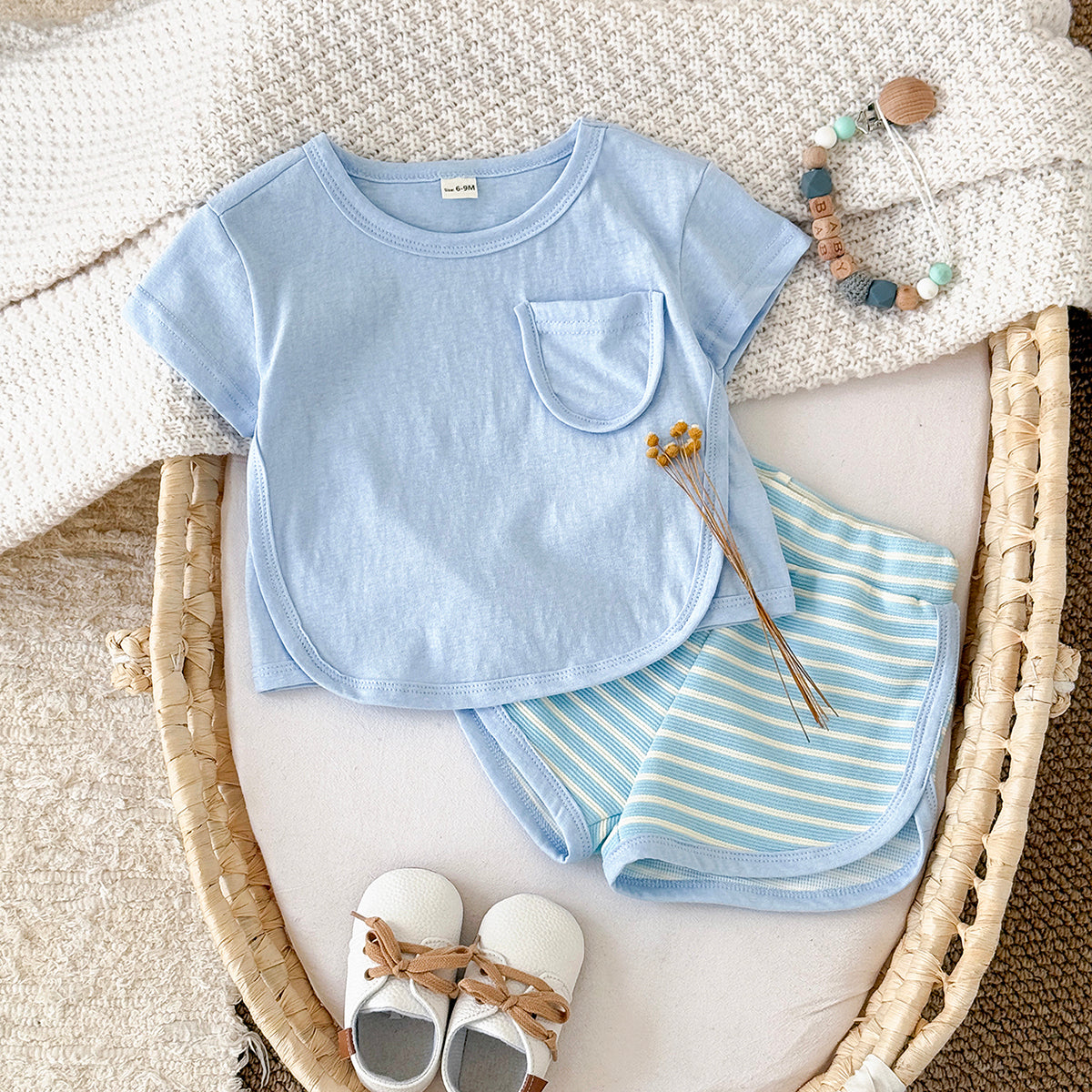 Summer Casual Striped Short Sleeve Set with Chest Pockets