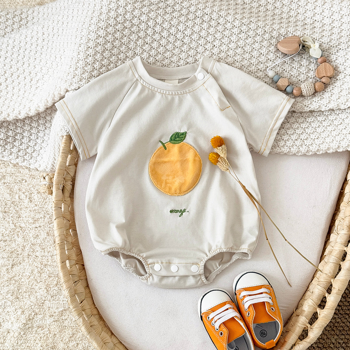 Summer Fruit Applique Embroidery Short Sleeve Romper