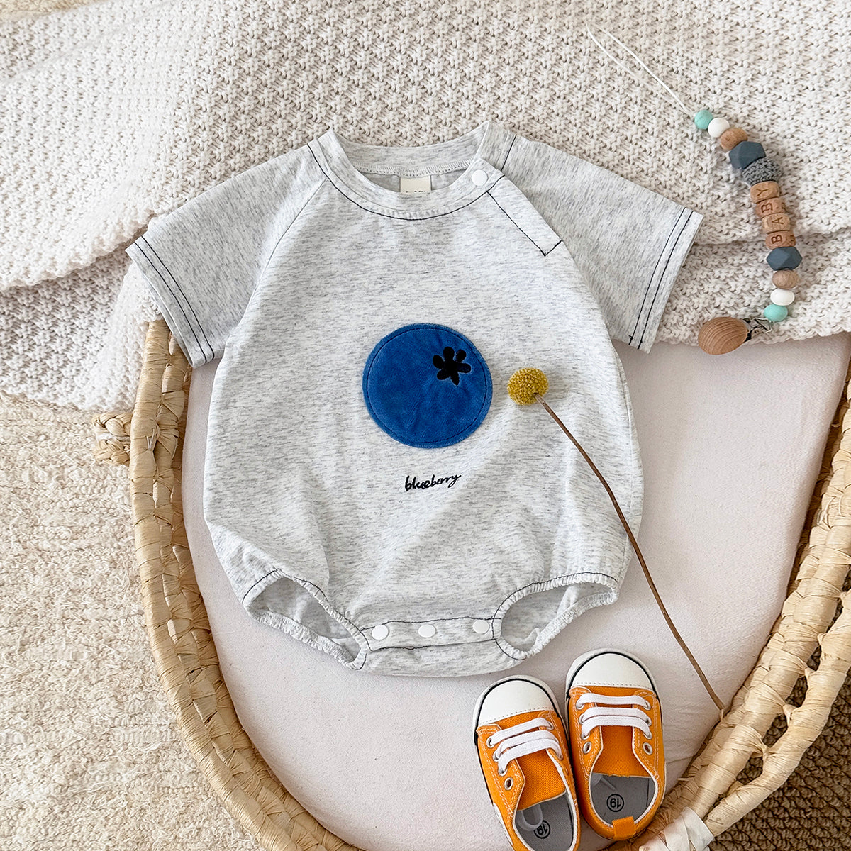 Summer Fruit Applique Embroidery Short Sleeve Romper