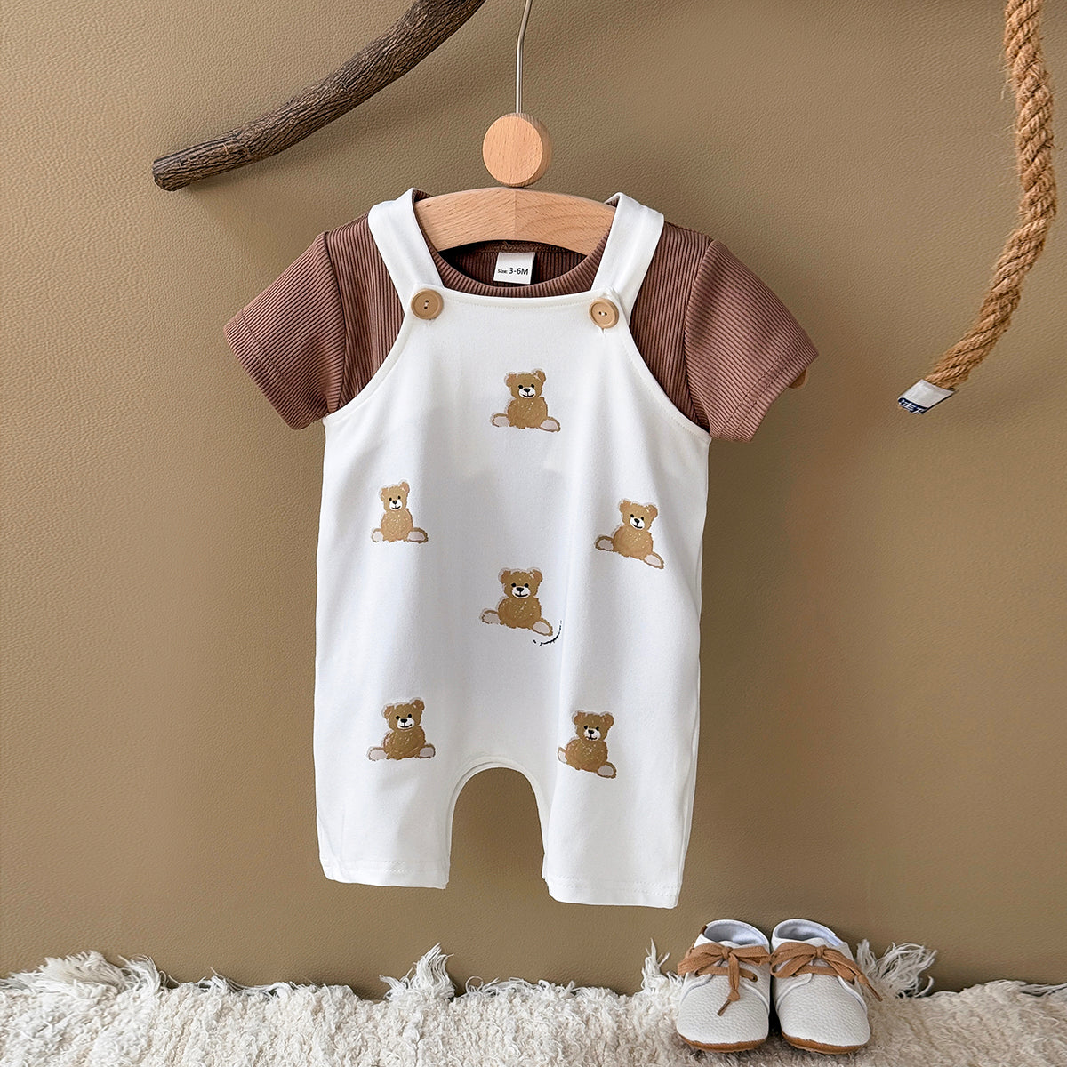 Summer Bear Print Overalls Set for Baby Boys & Girls