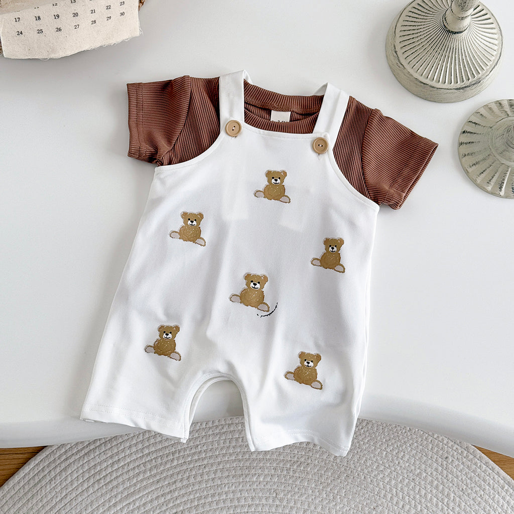 Summer Bear Print Overalls Set for Baby Boys & Girls