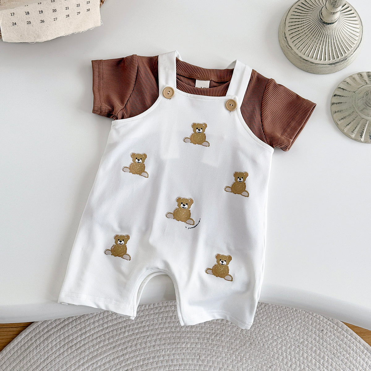 Summer Bear Print Overalls Set for Baby Boys & Girls