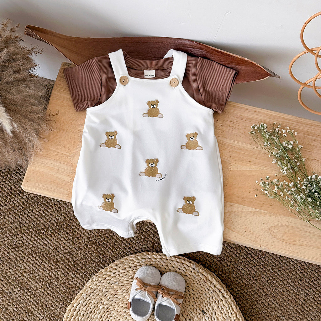 Summer Bear Print Overalls Set for Baby Boys & Girls