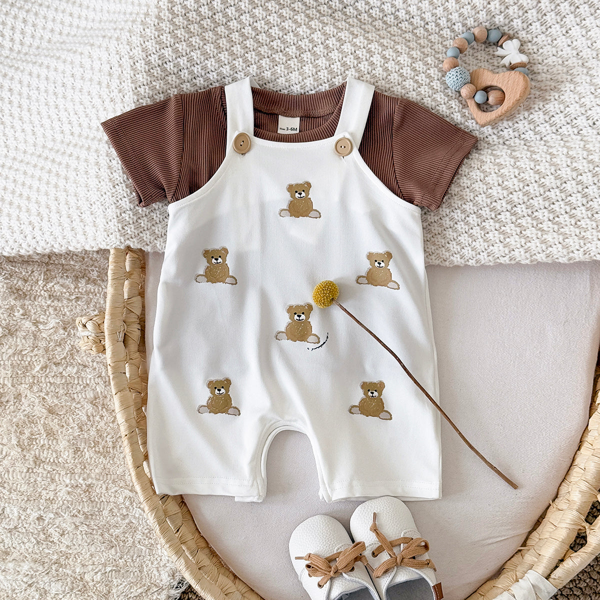 Summer Bear Print Overalls Set for Baby Boys & Girls