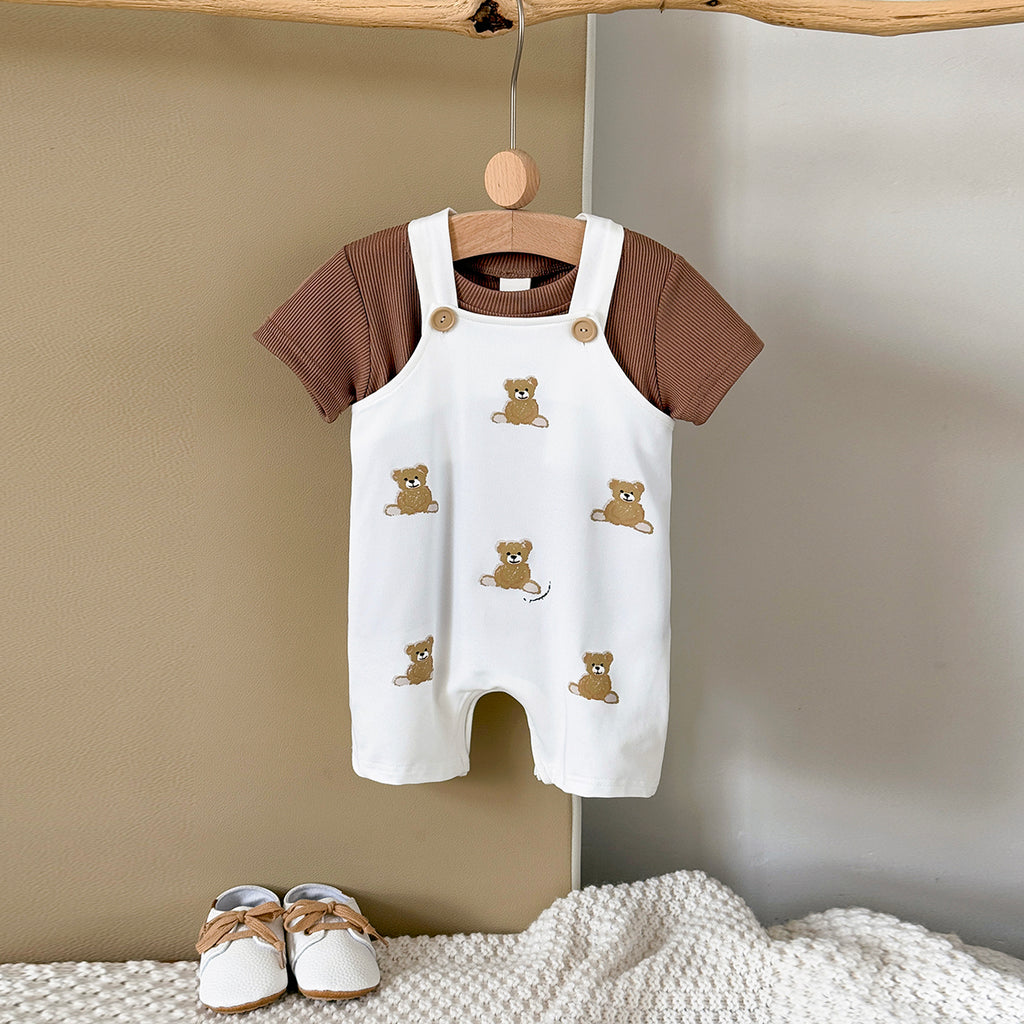 Summer Bear Print Overalls Set for Baby Boys & Girls
