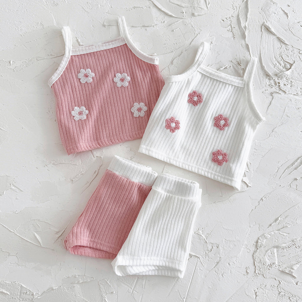 Summer Pink Floral Towel Embroidery Cami Set for Baby Girls