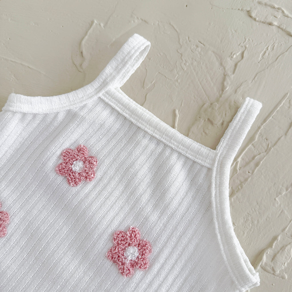 Summer Pink Floral Towel Embroidery Cami Set for Baby Girls