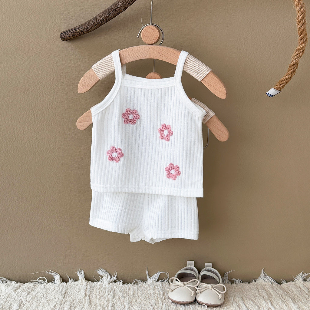 Summer Pink Floral Towel Embroidery Cami Set for Baby Girls