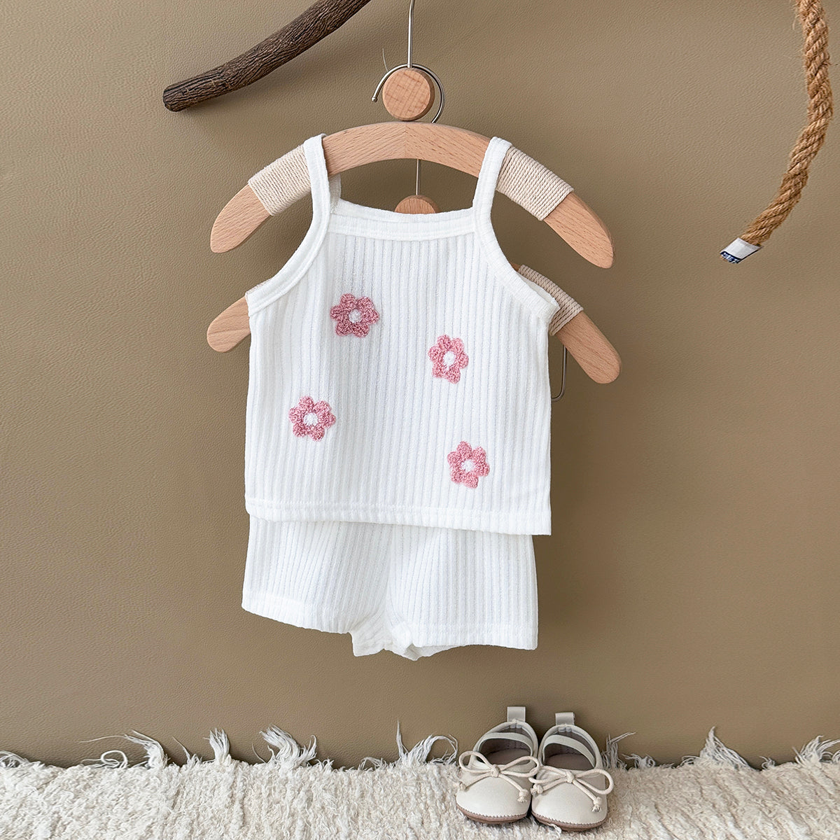 Summer Pink Floral Towel Embroidery Cami Set for Baby Girls