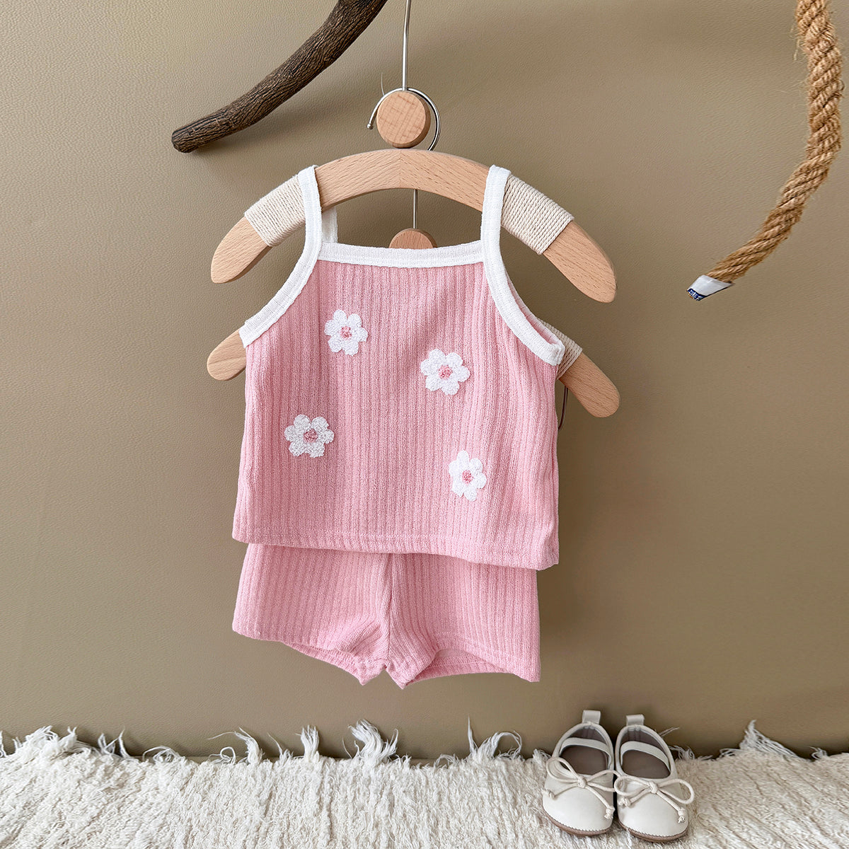 Summer Pink Floral Towel Embroidery Cami Set for Baby Girls