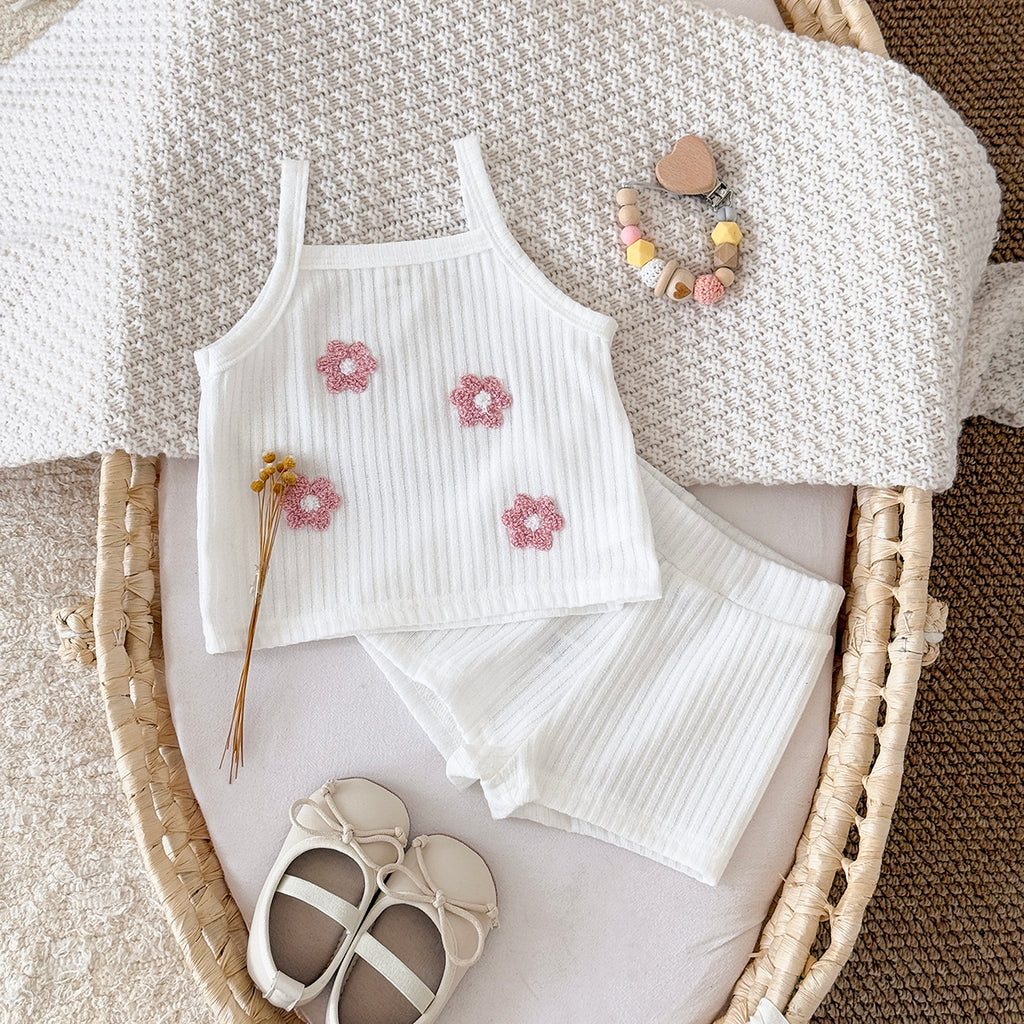 Summer Pink Floral Towel Embroidery Cami Set for Baby Girls