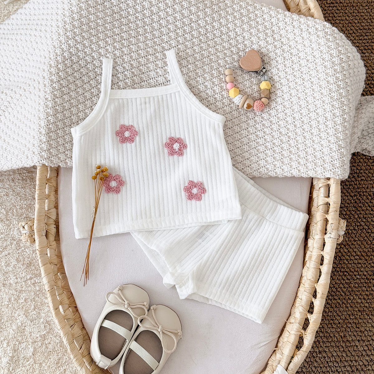 Summer Pink Floral Towel Embroidery Cami Set for Baby Girls