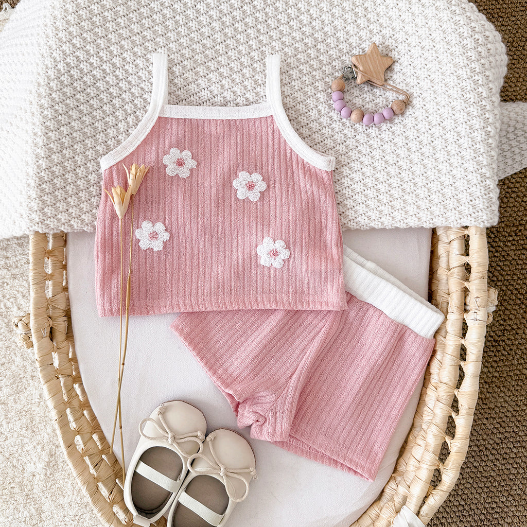 Summer Pink Floral Towel Embroidery Cami Set for Baby Girls