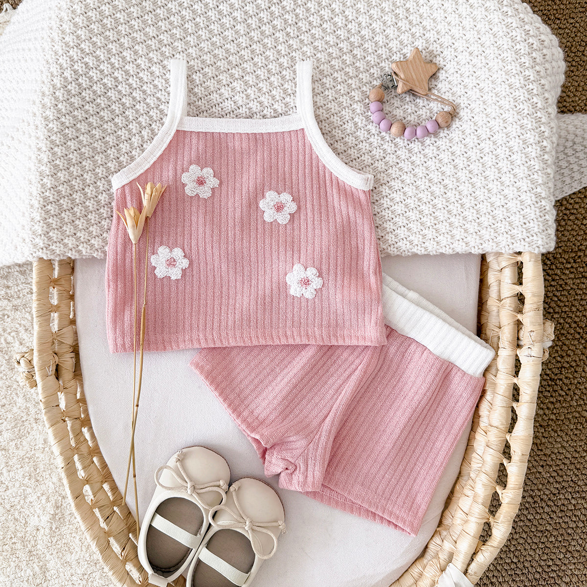 Summer Pink Floral Towel Embroidery Cami Set for Baby Girls