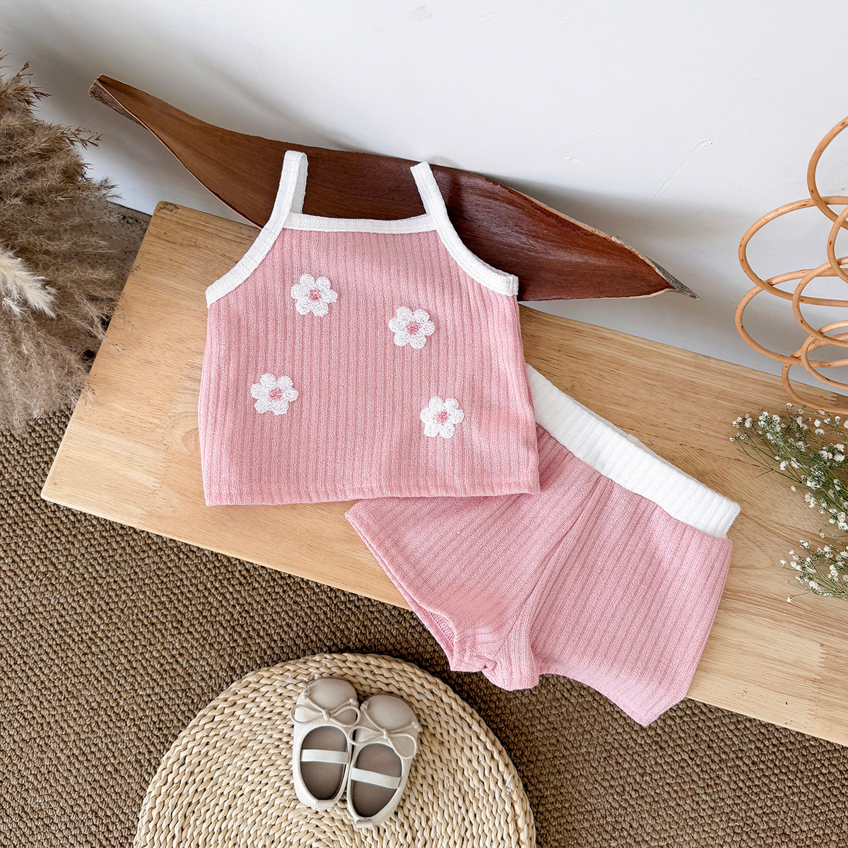 Summer Pink Floral Towel Embroidery Cami Set for Baby Girls