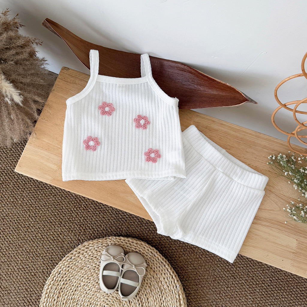 Summer Pink Floral Towel Embroidery Cami Set for Baby Girls