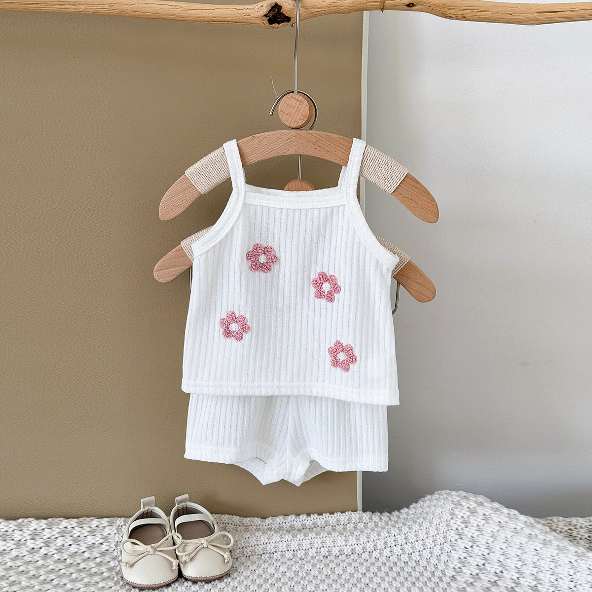 Summer Pink Floral Towel Embroidery Cami Set for Baby Girls