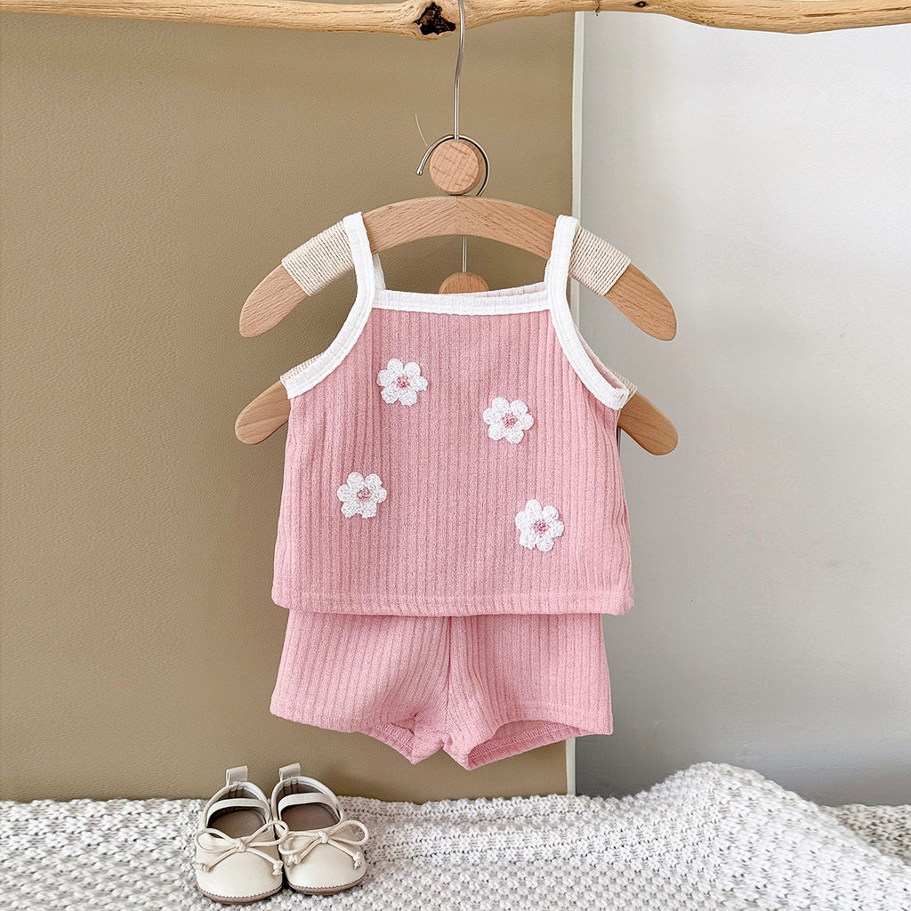 Summer Pink Floral Towel Embroidery Cami Set for Baby Girls