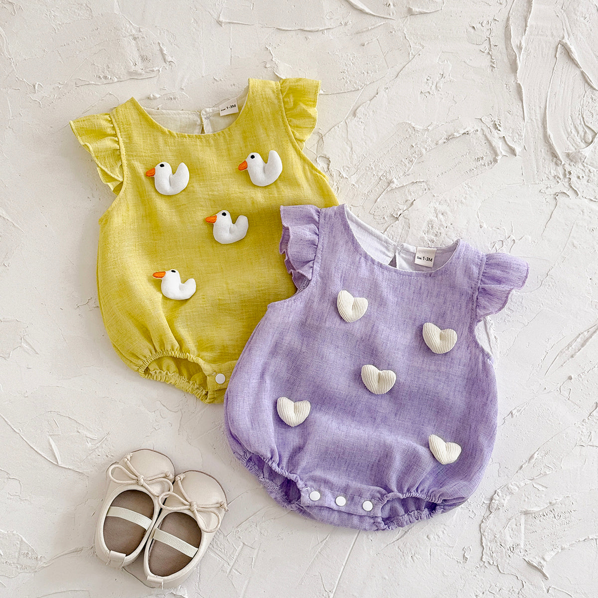 Summer Candy Color Romper with Heart & Duck Print for Baby Girls