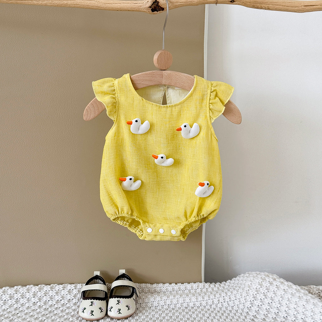 Summer Candy Color Romper with Heart & Duck Print for Baby Girls