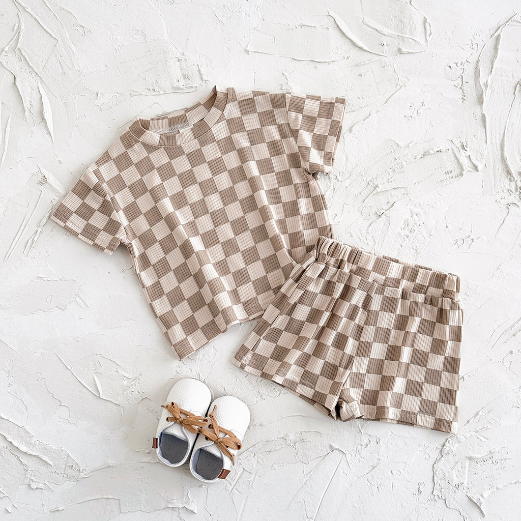 Baby Checkerboard Ribbed Short Sleeve Shorts Outfit