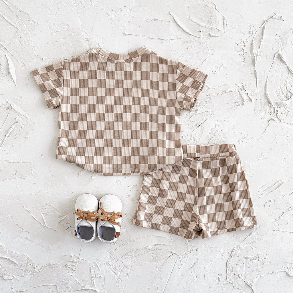 Baby Checkerboard Ribbed Short Sleeve Shorts Outfit