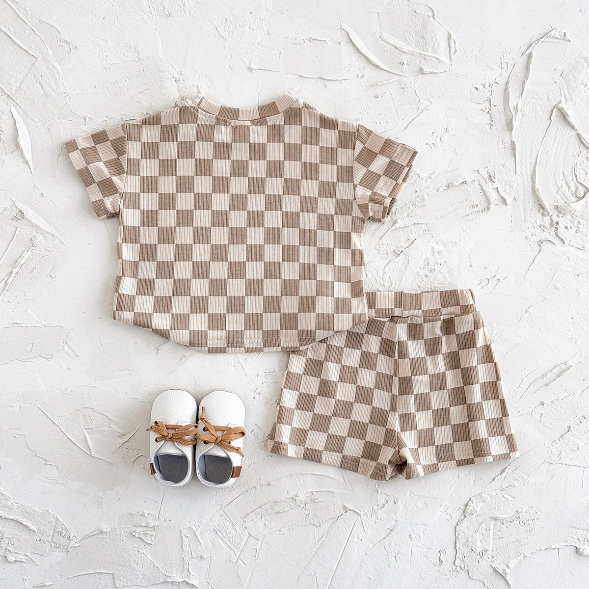 Baby Checkerboard Ribbed Short Sleeve Shorts Outfit