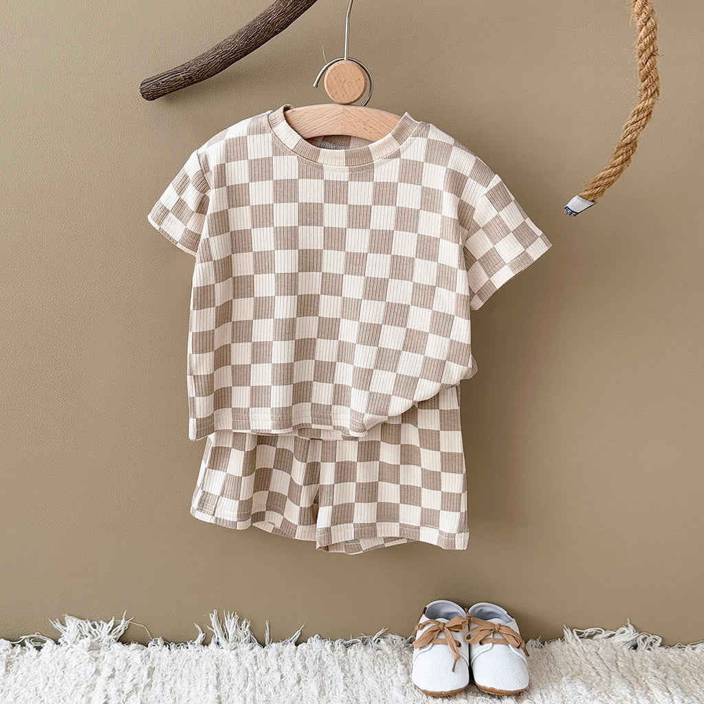 Baby Checkerboard Ribbed Short Sleeve Shorts Outfit