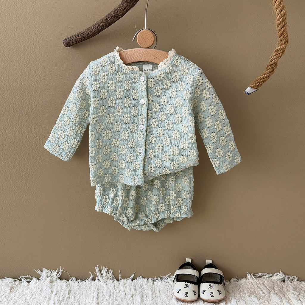 Summer Green Set with White Floral Print for Girls