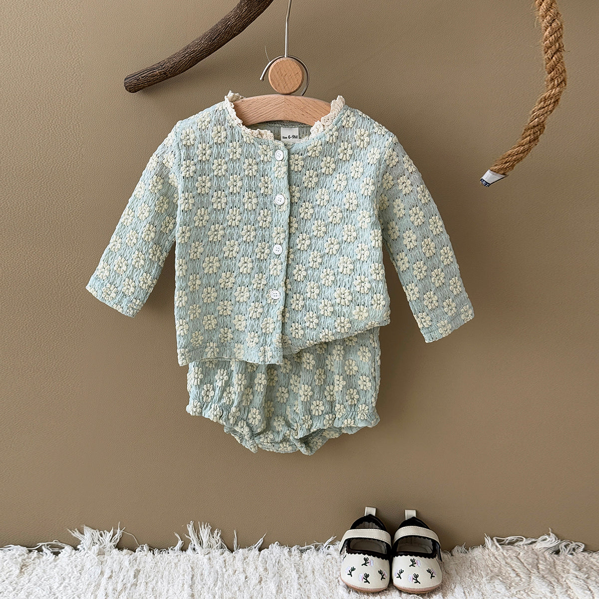 Summer Green Set with White Floral Print for Girls