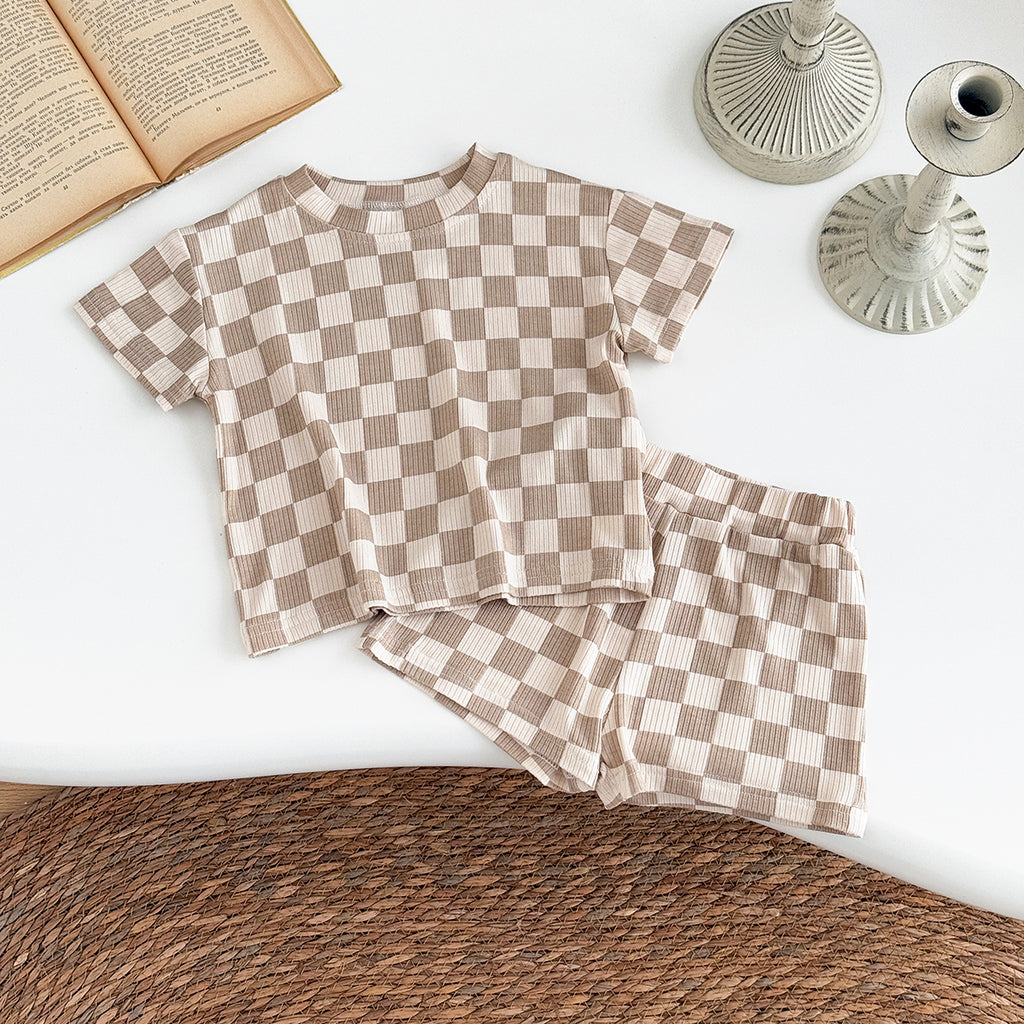 Baby Checkerboard Ribbed Short Sleeve Shorts Outfit