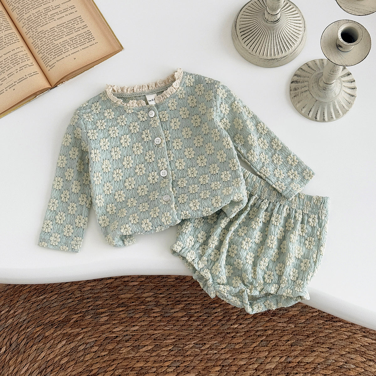 Summer Green Set with White Floral Print for Girls