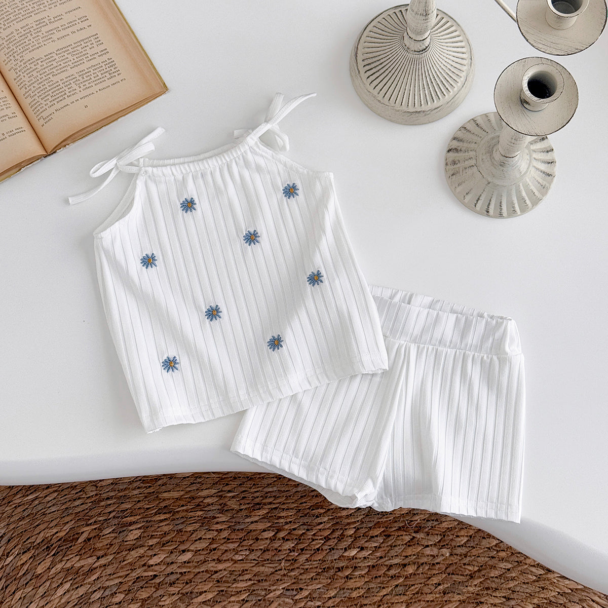 Summer White Cami Set with Blue Floral Print
