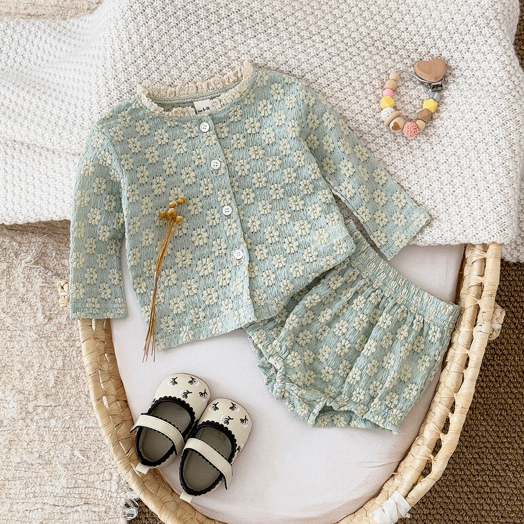 Summer Green Set with White Floral Print for Girls