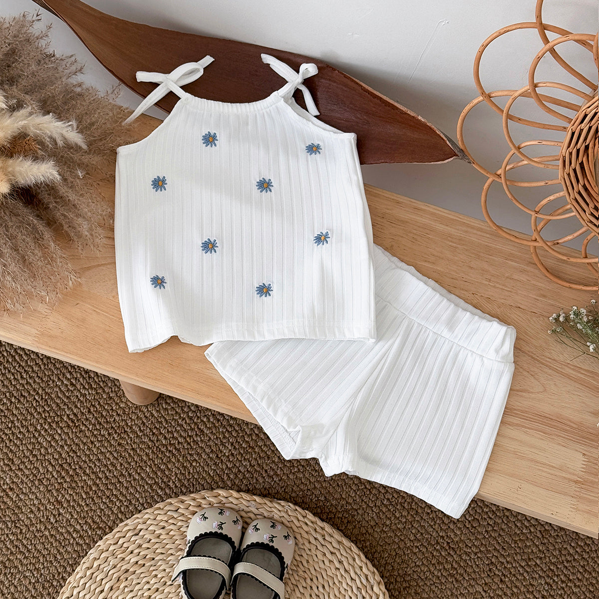 Summer White Cami Set with Blue Floral Print