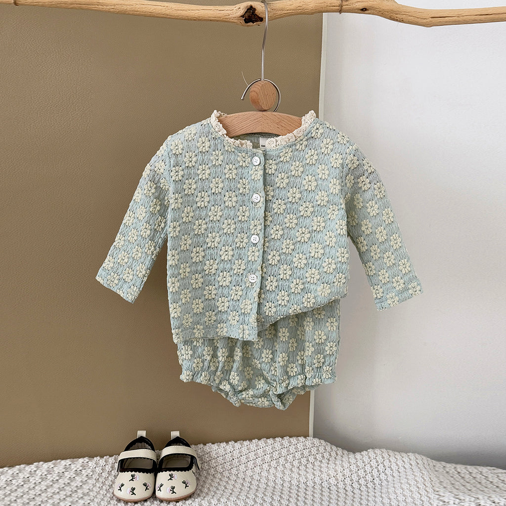 Summer Green Set with White Floral Print for Girls