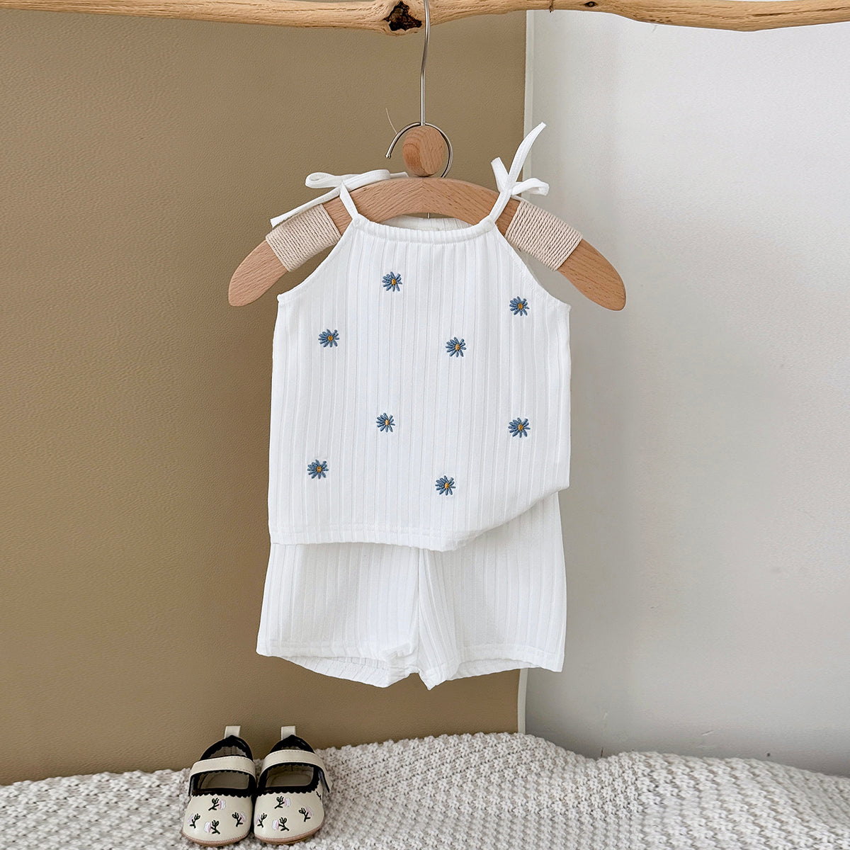 Summer White Cami Set with Blue Floral Print