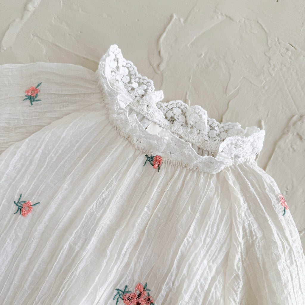 Summer White Romper with Pink Floral Embroidery for Baby Girls