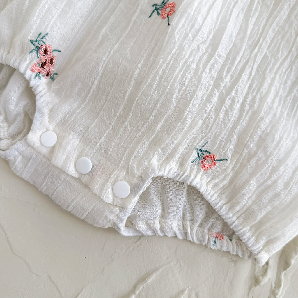 Summer White Romper with Pink Floral Embroidery for Baby Girls