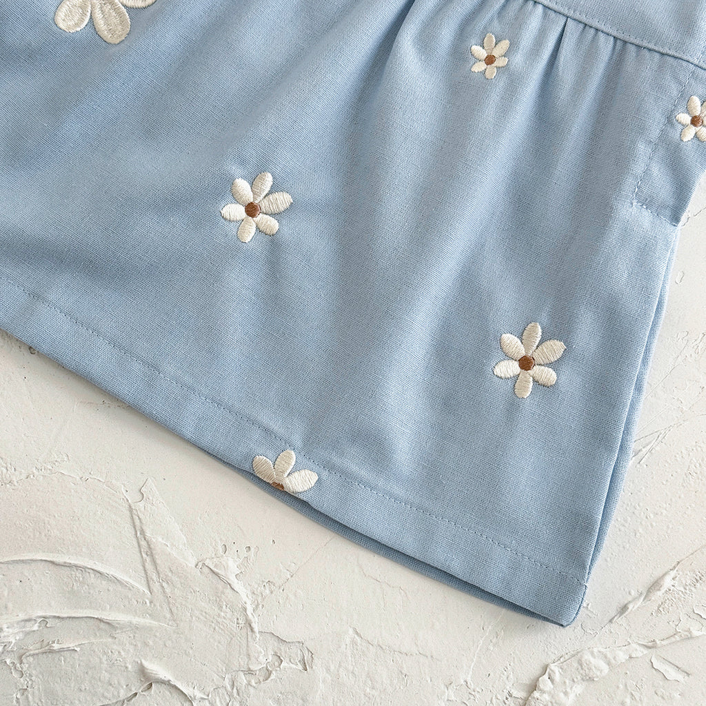 Summer Blue Floral Embroidery Dress for Baby Girls