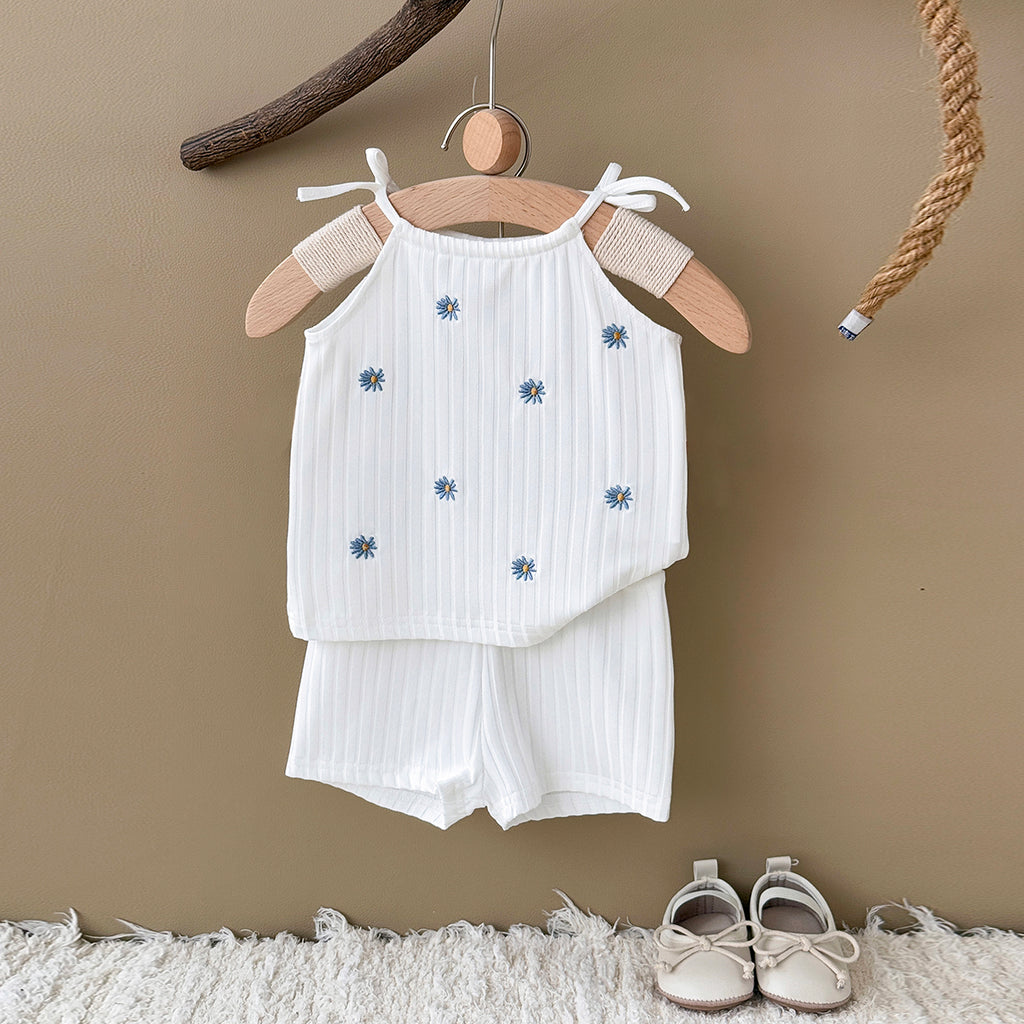 Summer White Cami Set with Blue Floral Print