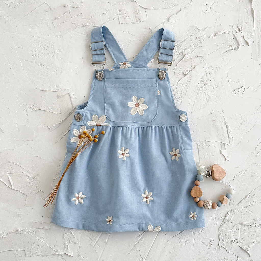 Summer Blue Floral Embroidery Dress for Baby Girls
