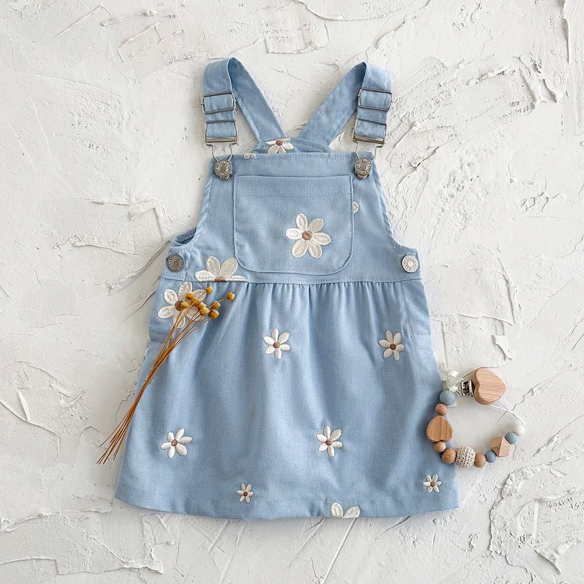Summer Blue Floral Embroidery Dress for Baby Girls