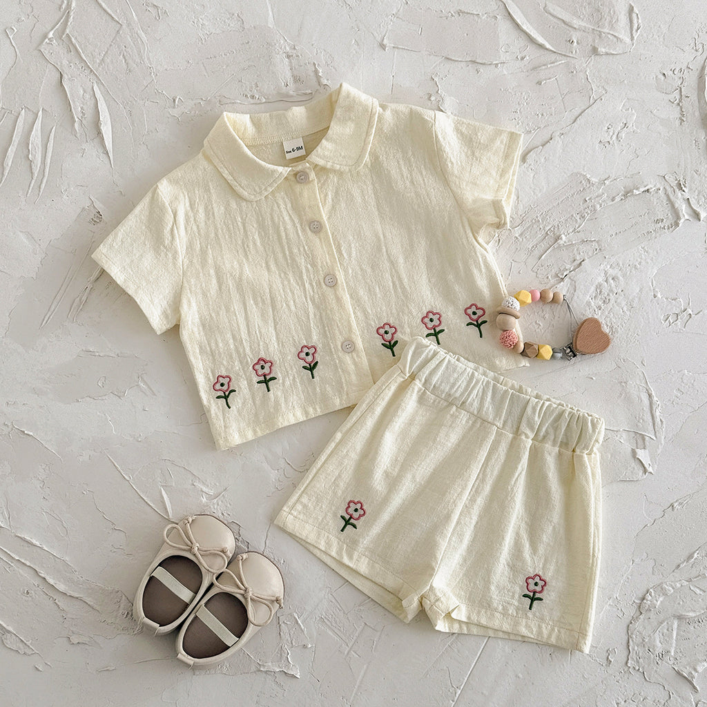 Baby Girl Floral Embroidery Shirt Shorts 2Pcs Outfit