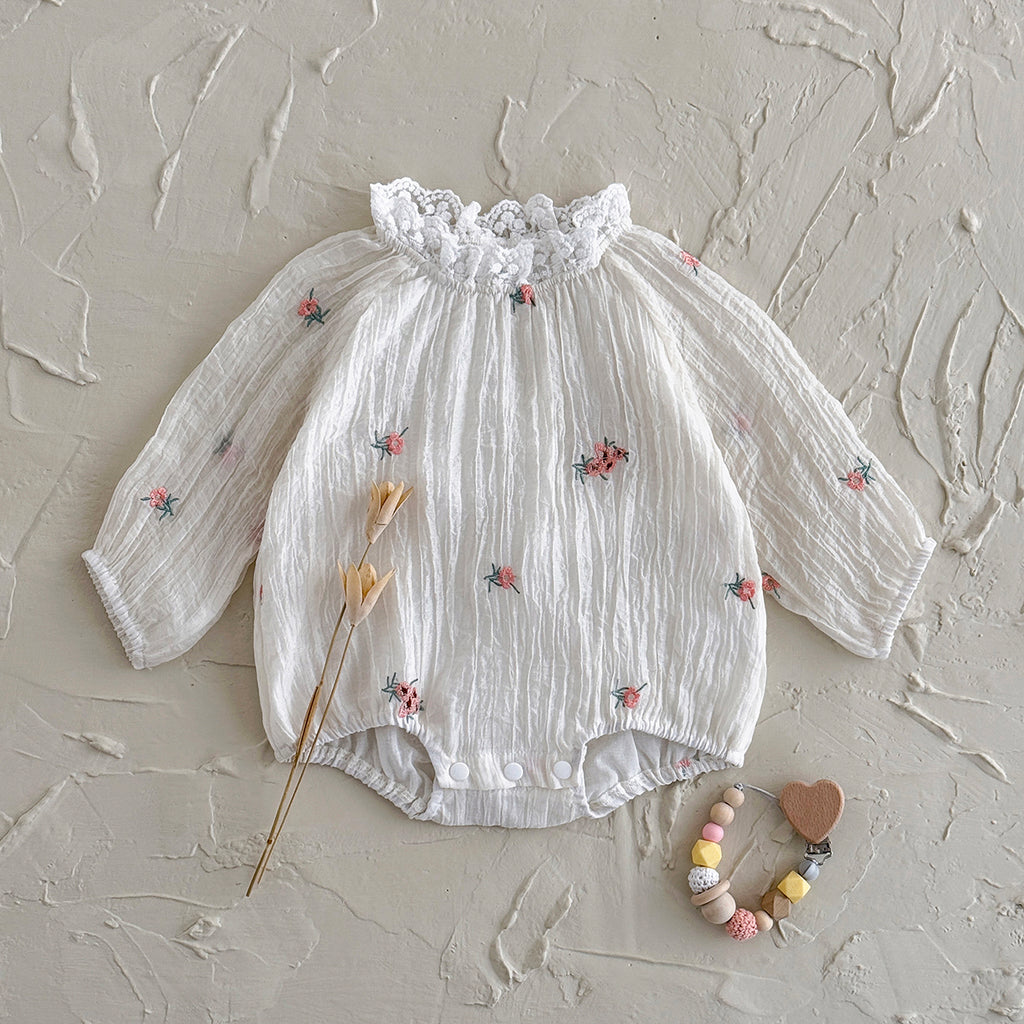 Summer White Romper with Pink Floral Embroidery for Baby Girls